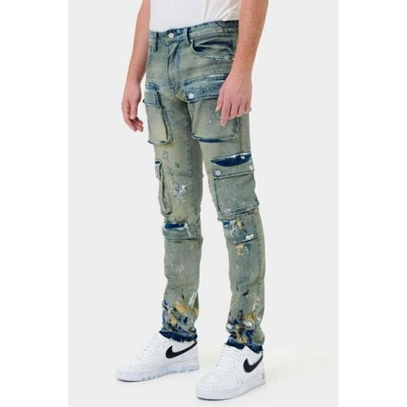 NWT Limited Edition First Row Mens Multi Cargo Slim Straight Jeans Sz 40 - Picture 2 of 12